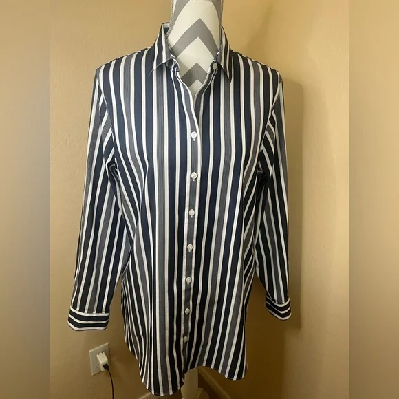 Chico’s Blue and White Striped Button-Up Shirt - Picture 1 of 7